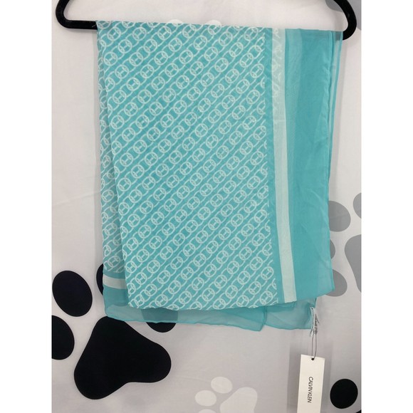Calvin Klein NWT Chain Print Chiffon Oblong Scarf Border Aquatic Blue OS New - Picture 3 of 9